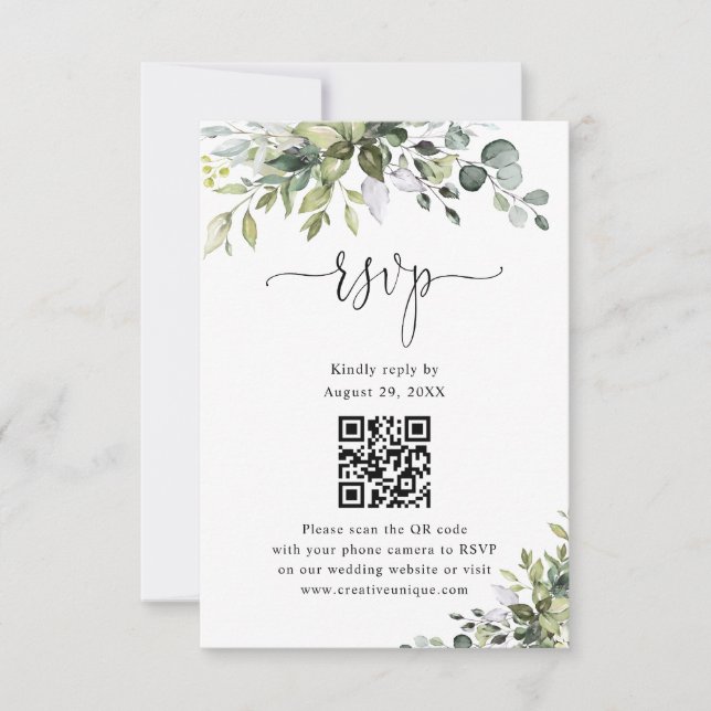 Eucalyptus Wedding Website QR Code RSVP  Card (Front)