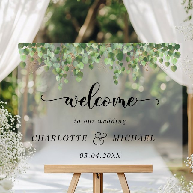 Eucalyptus Weddings Acrylic Sign (Eucalyptus Weddings Acrylic "Welcome" Sign, white transparent, with your names & date.)