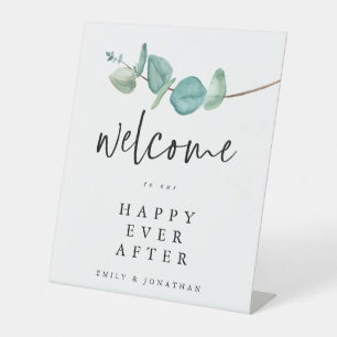 Eucalyptus Welcome to Happy Ever After Wedding Pedestal Sign