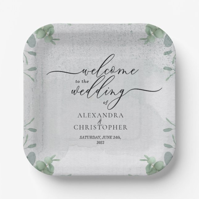 Eucalyptus Welcome to wedding set Paper Plate (Front)