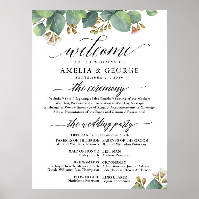 Eucalyptus welcome wedding program sign (Front)