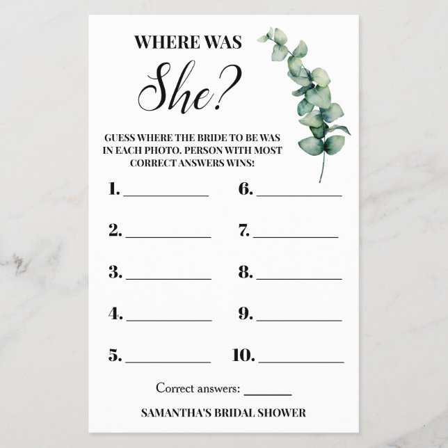Eucalyptus Where was She Bridal Shower Game card (Front)