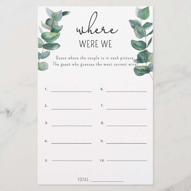 Eucalyptus - Where were we bridal shower game (Front)