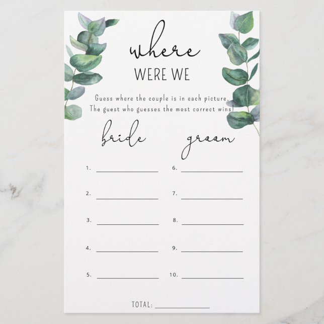Eucalyptus - Where were we bridal shower game (Front)