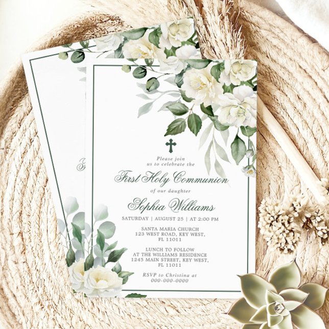 Eucalyptus White First Holy Communion Invitation (Creator Uploaded)