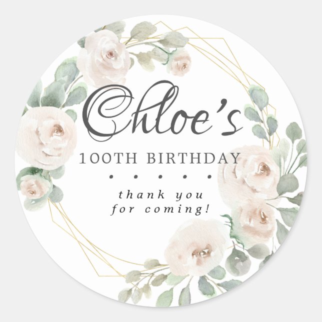 Eucalyptus White Floral 100th Birthday Thank You Classic Round Sticker (Front)