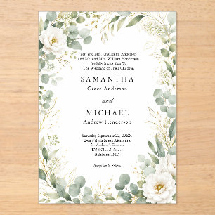 Eucalyptus White Floral Both Parents Names Wedding Acrylic Invitations