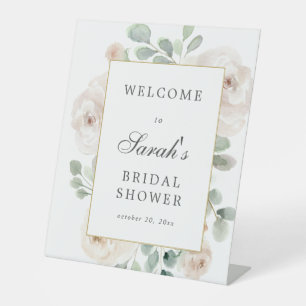 Eucalyptus White Floral Bridal Shower Welcome Pedestal Sign
