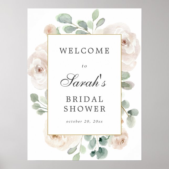 Eucalyptus White Floral Bridal Shower Welcome Sign (Front)