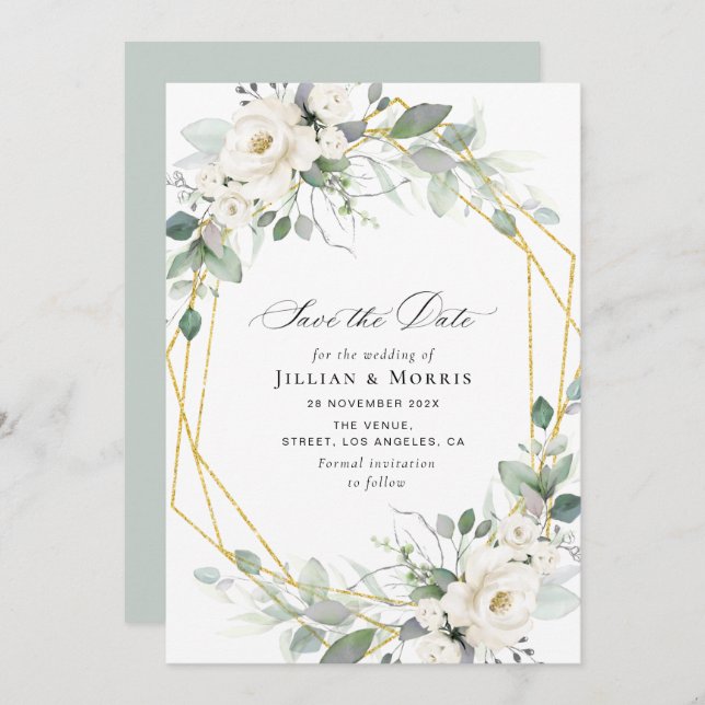 eucalyptus white floral save the date invitation (Front/Back)