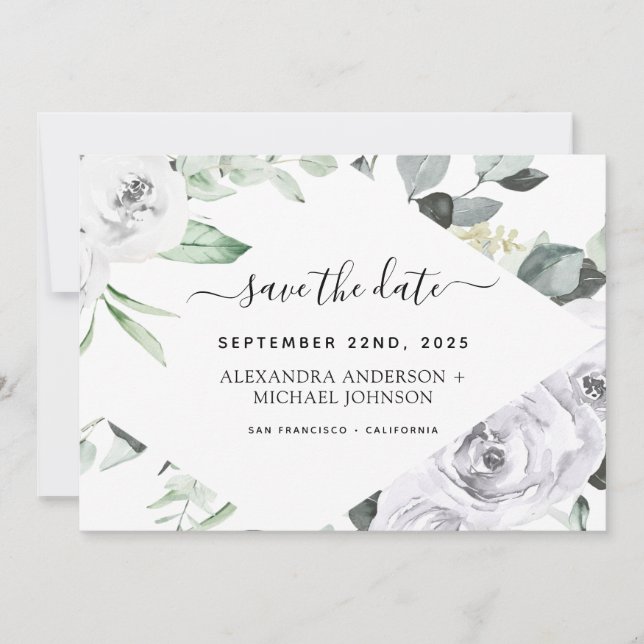 Eucalyptus White Floral Save the Date Invitation (Front)