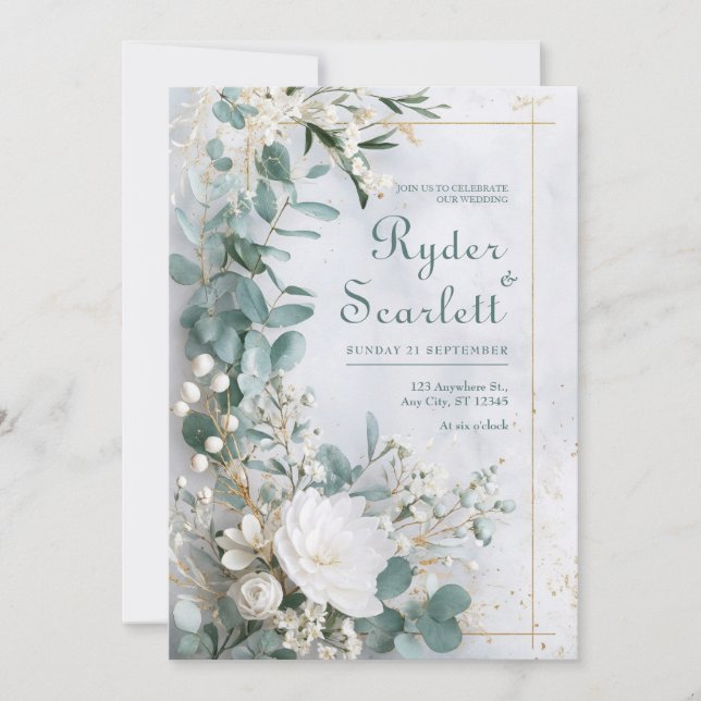 Eucalyptus & White Floral Wedding Invitation (Front)