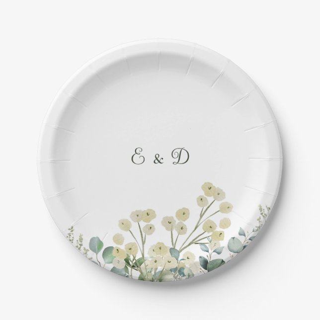 Eucalyptus & White Florals Botanical Wedding  Paper Plate (Front)