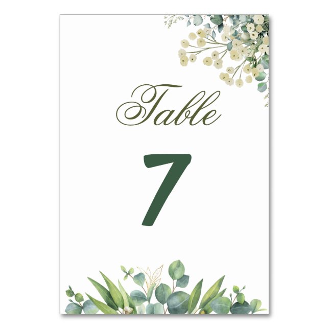 Eucalyptus & White Florals Botanical Wedding Table Number (Front)