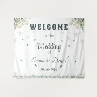 Eucalyptus & White Florals Botanical Wedding Tapestry