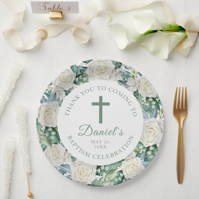 Eucalyptus White Flowers Baptism Paper Plate (Wedding)