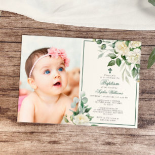 Eucalyptus White Flowers Photo Girl Baptism Invitation