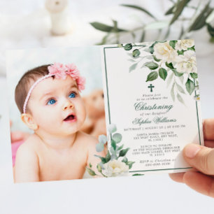 Eucalyptus White Flowers Photo Girl Christening Invitation