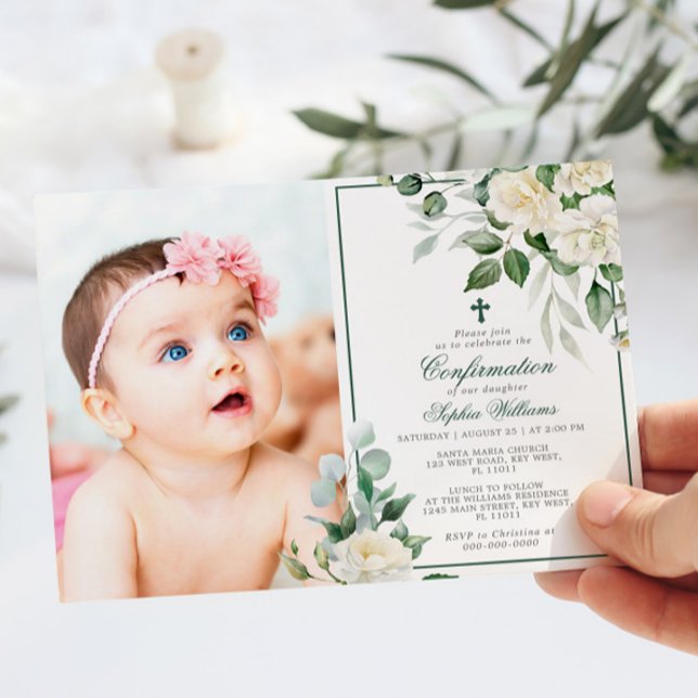 Eucalyptus White Flowers Photo Girl Confirmation Invitation (Creator Uploaded)