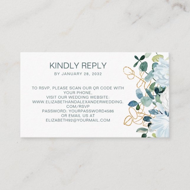 Eucalyptus & white flowers QR Code online RSVP Enclosure Card (Front)
