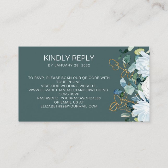 Eucalyptus white flowers teal QR Code online RSVP Enclosure Card (Front)