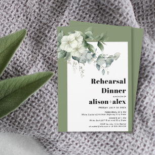 Eucalyptus, white flowers wedding rehearsal dinner invitation