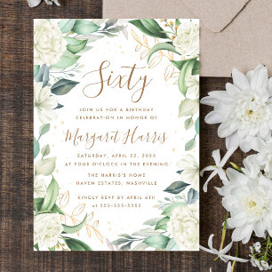 Eucalyptus White Gold Floral 60th Sixty Birthday Invitation