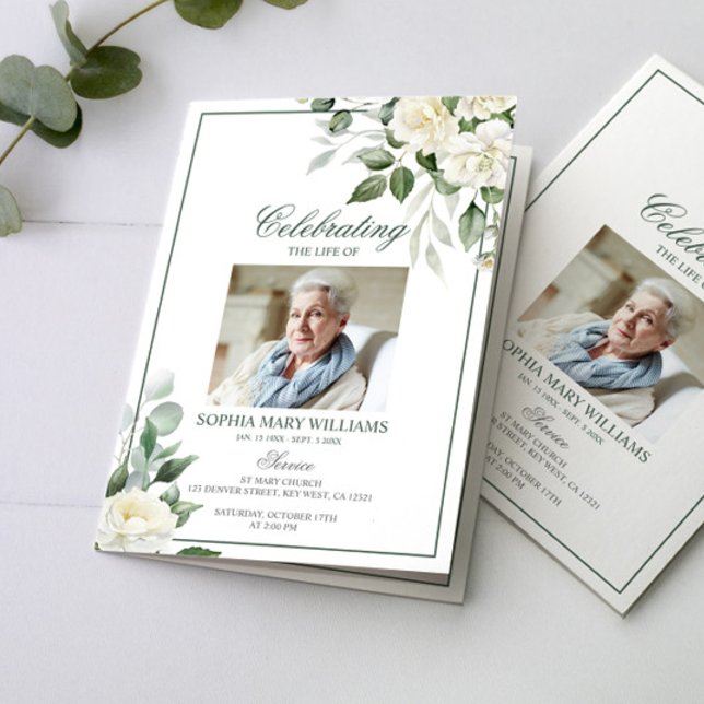 Eucalyptus White Photo Memorial Funeral Programs Card (Creator Uploaded)