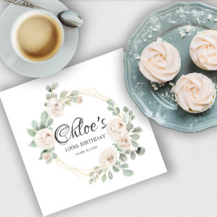 Eucalyptus White Rose Floral 100th Birthday Party Napkin