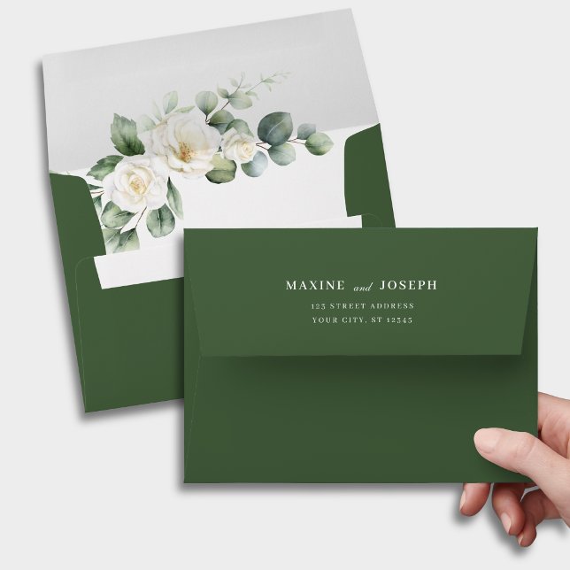 Eucalyptus White Rose Greenery Floral Wedding Envelope (Eucalyptus white rose wedding envelope adds elegant charm to your personalized invitations.)