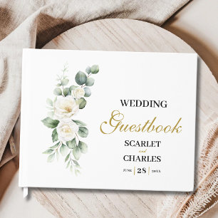 Eucalyptus White Rose Greenery Floral Wedding Guest Book
