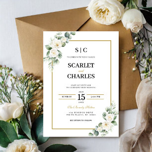 Eucalyptus White Rose Greenery Floral Wedding Invitation