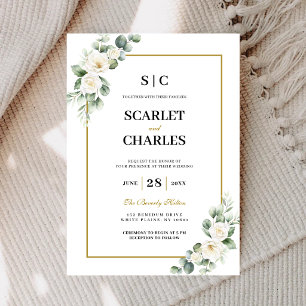 Eucalyptus White Rose Greenery Floral Wedding Invitation