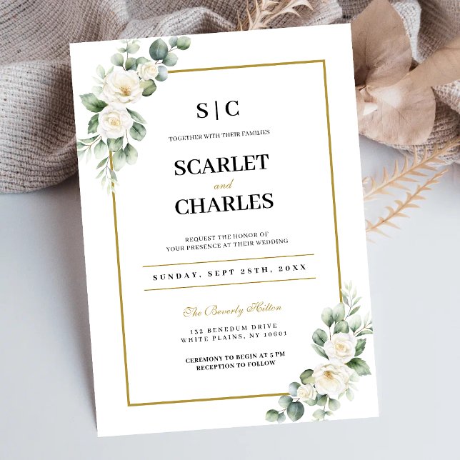 Eucalyptus White Rose Greenery Floral Wedding Invitation (Eucalyptus white rose invitation creates a timeless first impression for your wedding.)