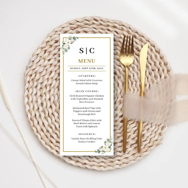 Eucalyptus White Rose Greenery Floral Wedding Menu (Eucalyptus white rose wedding menu elevates your reception with timeless botanical elegance.)