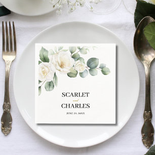 Eucalyptus White Rose Greenery Floral Wedding Napkin
