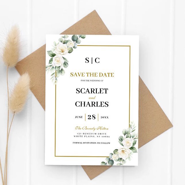 Eucalyptus White Rose Greenery Floral Wedding Save The Date (Eucalyptus white rose Save the Date shares your special day with timeless botanical beauty.)