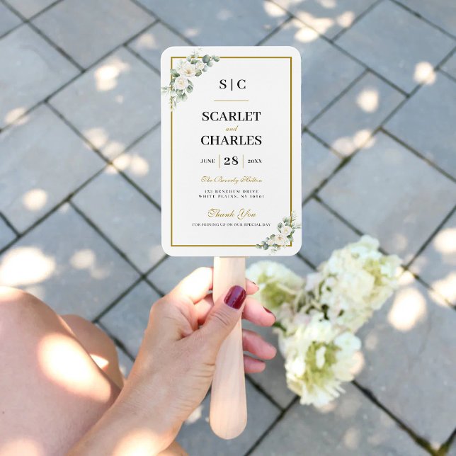 Eucalyptus White Rose Wedding Ceremony Program Hand Fan (Eucalyptus white rose program hand fan keeps guests cool with timeless ceremony elegance.)