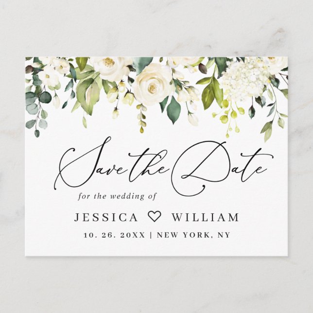 Eucalyptus White Roses Boho Wedding Save the Date Postcard (Front)