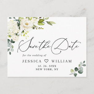 Eucalyptus White Roses Boho Wedding Save the Date Postcard