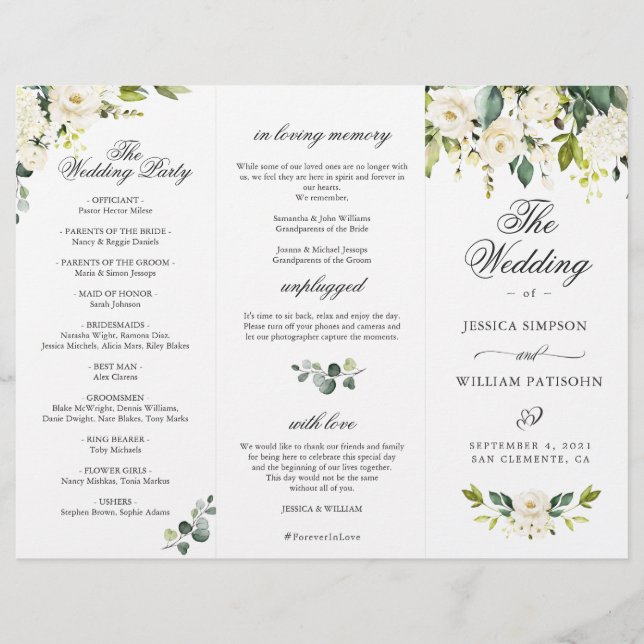 Eucalyptus White Roses Wedding Ceremony Program (Front)