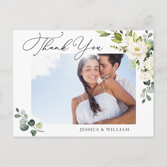 Eucalyptus White Roses Wedding Photo Thank You Postcard (Front)