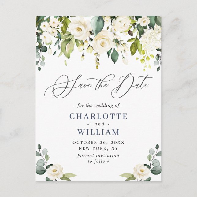 Eucalyptus White Roses Wedding Save the Date Postcard (Front)