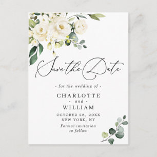 Eucalyptus White Roses Wedding Save the Date Postcard