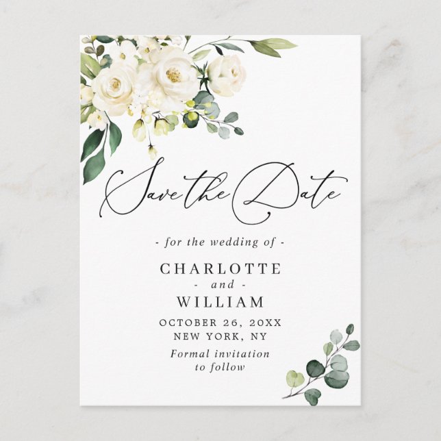 Eucalyptus White Roses Wedding Save the Date Postcard (Front)
