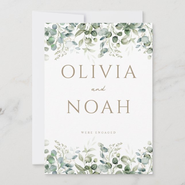 Eucalyptus White We're Engaged Announcement Card (Front)