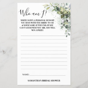 Eucalyptus Who am I? Bridal Shower Game Card