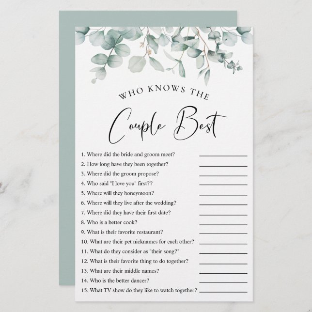 Eucalyptus Who Knows the Couple Best Shower Game (Front/Back)