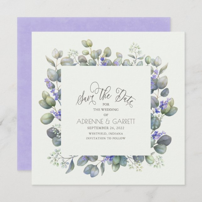 Eucalyptus With Lavender Flowers Square Wedding Save The Date (Front/Back)