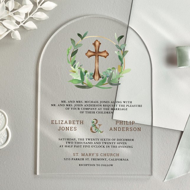 Eucalyptus Wood Cross Catholic Wedding Acrylic Invitations (Creator Uploaded)